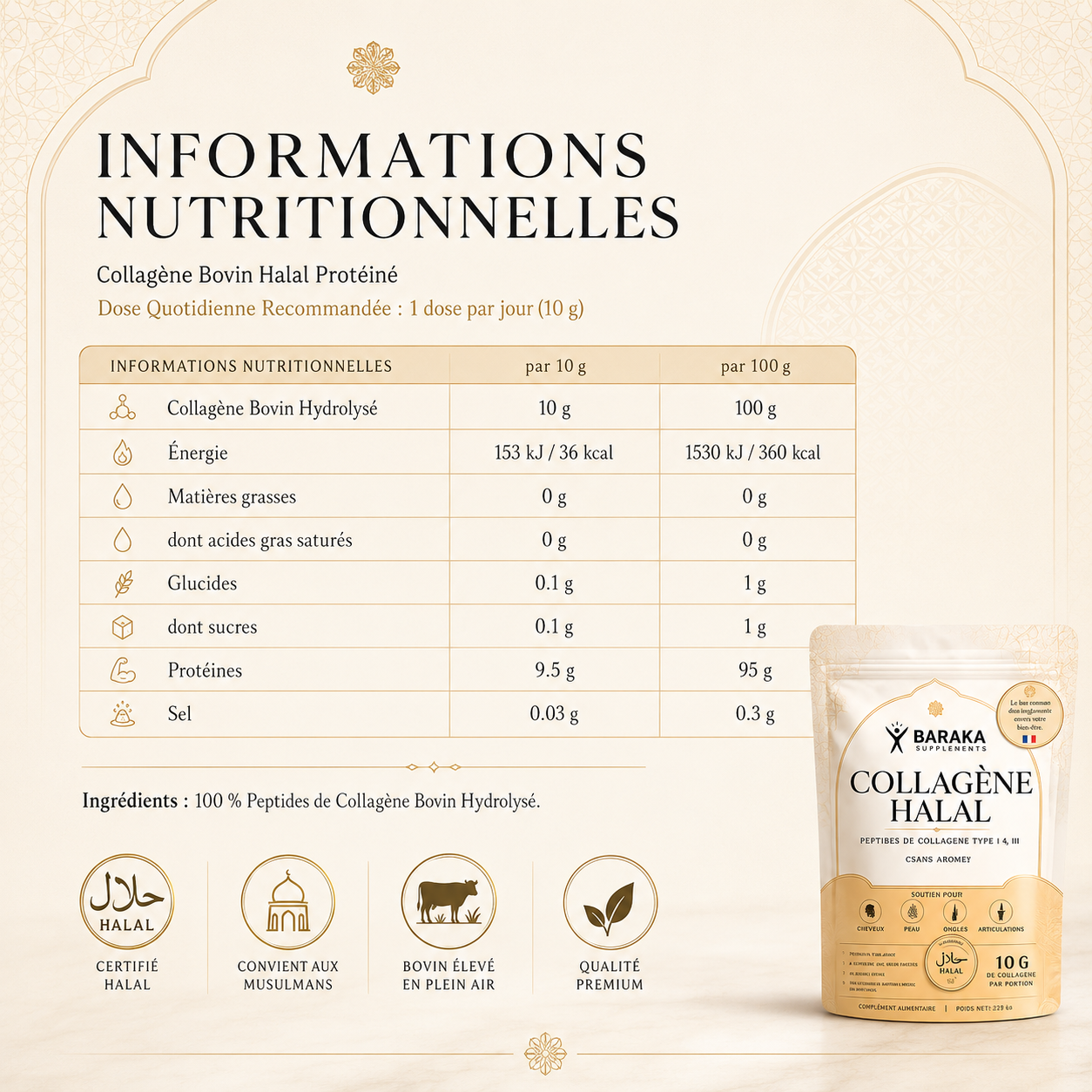 Collagène Halal Premium – Peau Éclatante, Cheveux Fortifiés, Ongles Renforcés