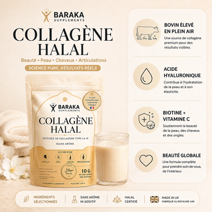 Collagène Halal Premium – Peau Éclatante, Cheveux Fortifiés, Ongles Renforcés