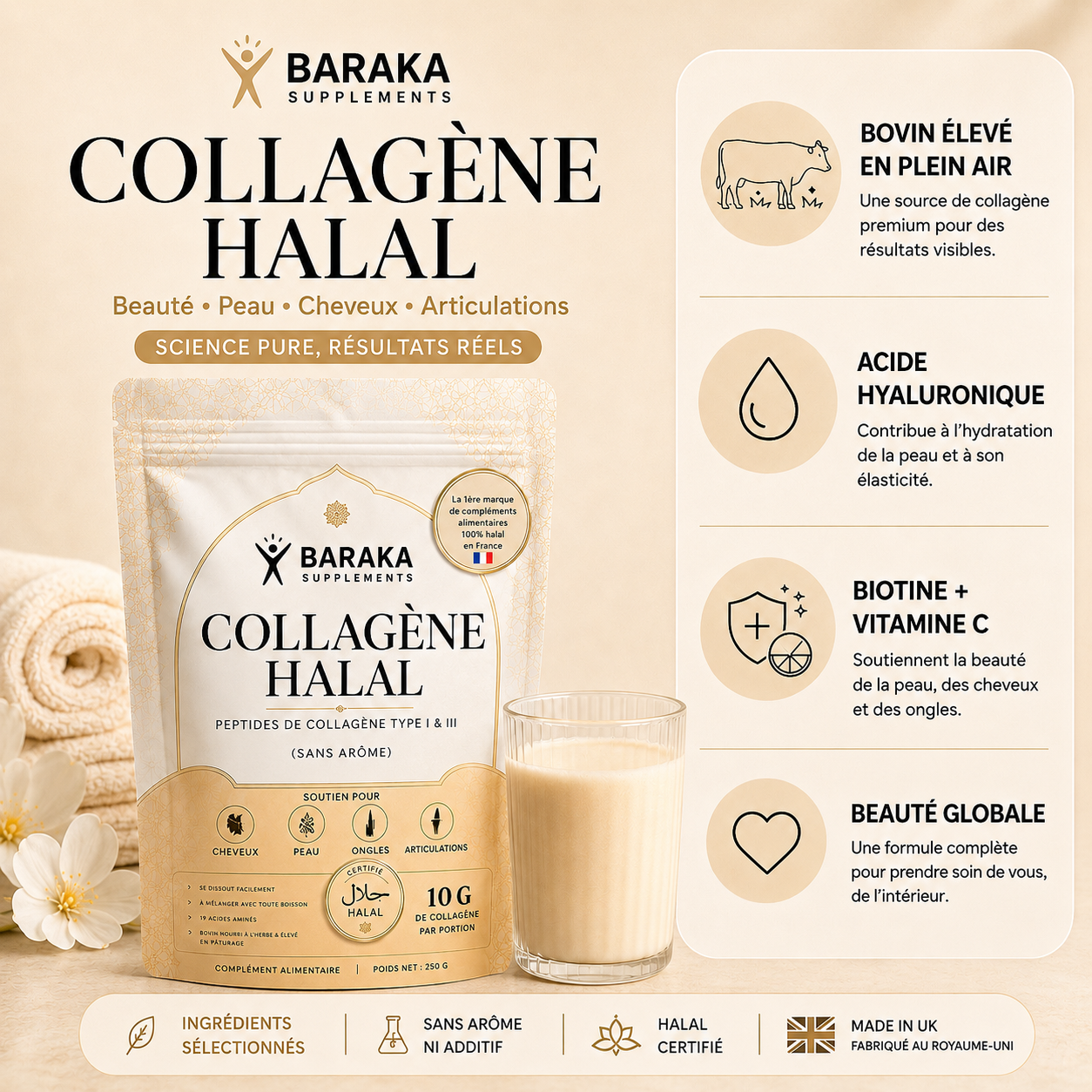 Collagène Halal Premium – Peau Éclatante, Cheveux Fortifiés, Ongles Renforcés