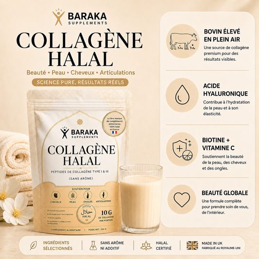 Collagène Halal Premium – Peau Éclatante, Cheveux Fortifiés, Ongles Renforcés