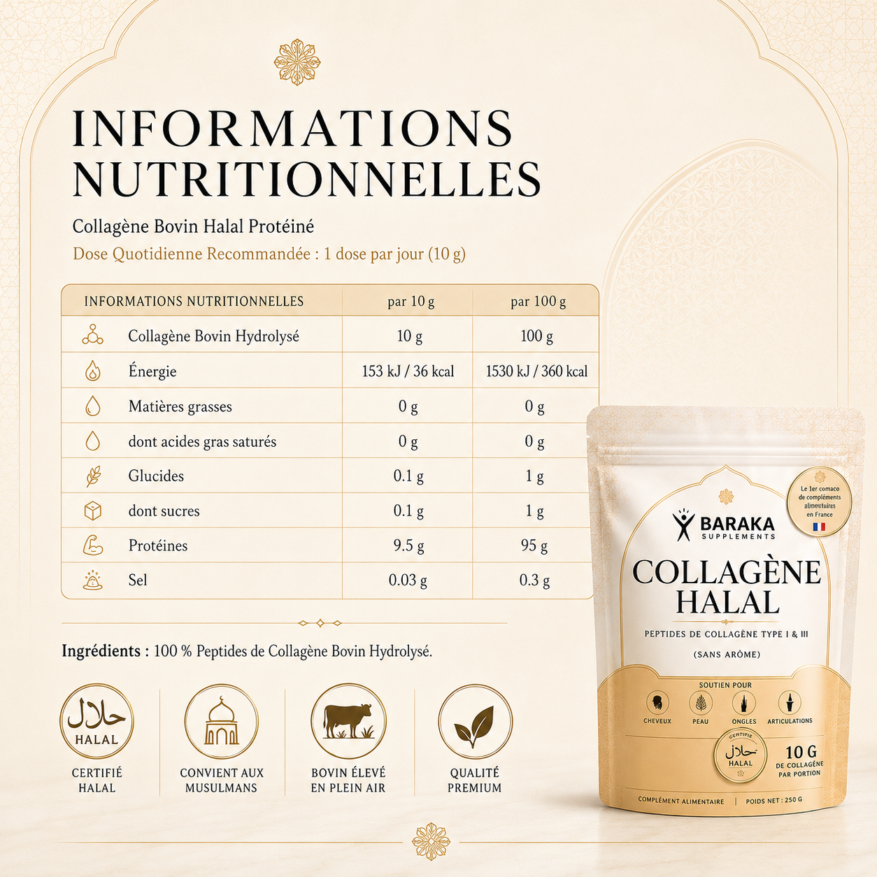 Collagène Halal Premium – Peau Éclatante, Cheveux Fortifiés, Ongles Renforcés